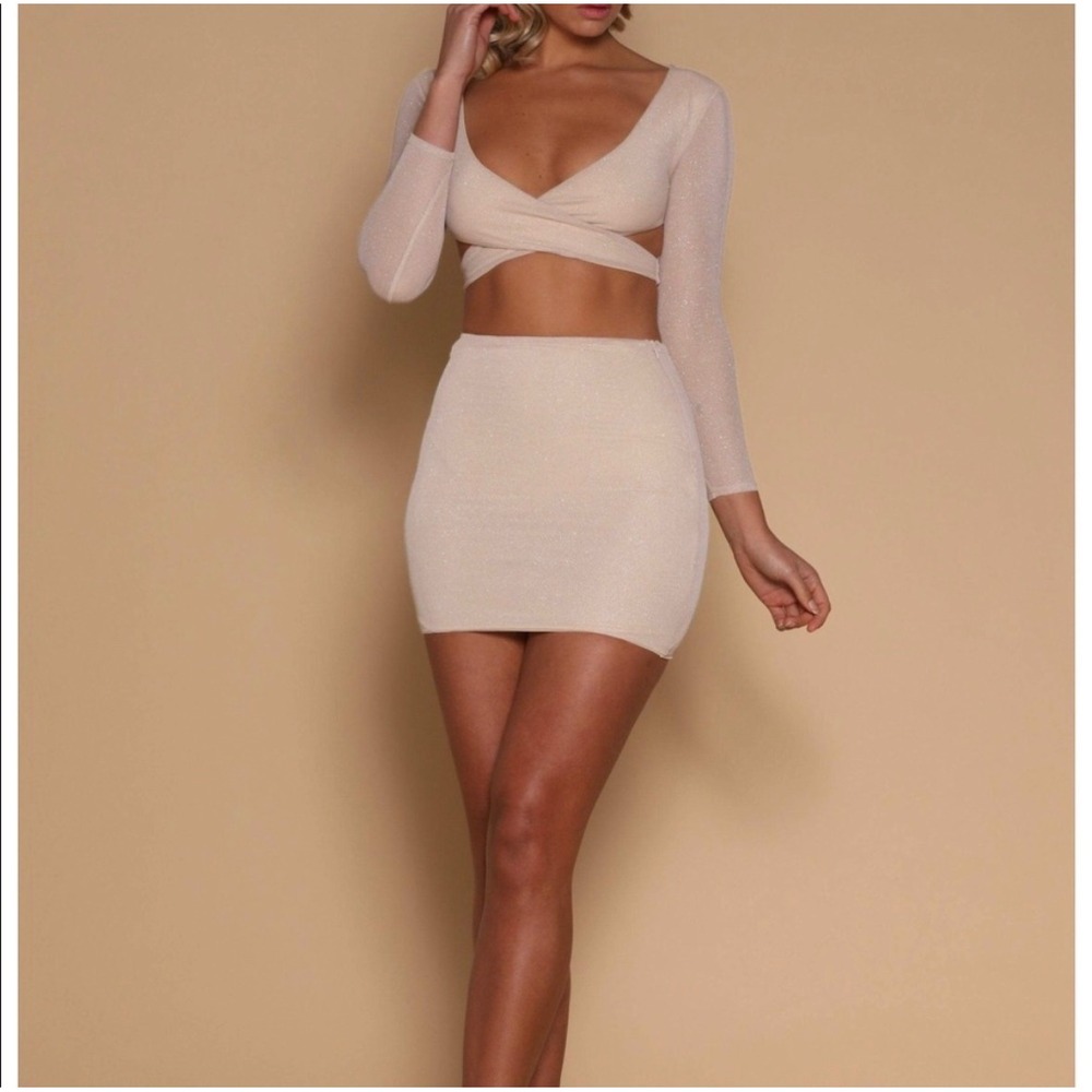 MESHKI GIANNA TOP & LAURETTA MINI‎ SKIRT SET CHAMPAGNE Size Medium NWT
